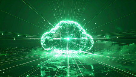 A luminous green digital cloud pulsates with energy, acting as a central hub for a vast network of information. Beams of light and data particles stream outwards, symbolizing high-speed data transfer, secure storage, and the powerful infrastructure of modern cloud computing and global connectivity.の素材