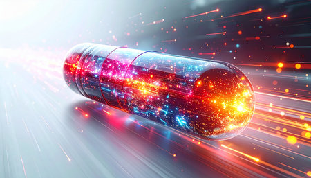 A glimpse into the future of medicine, where a single smart capsule powered by nanotechnology travels at light speed to deliver a targeted, life-saving treatment. This represents a breakthrough in pharmaceutical innovation and precision healthcare.の素材
