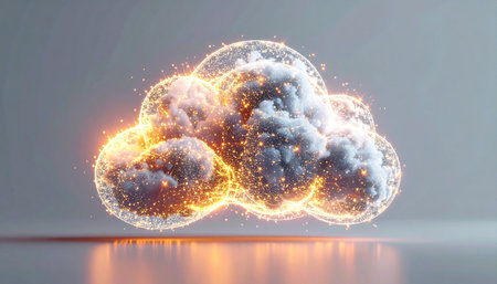 A digital cloud of data particles hums with fiery orange energy, symbolizing the immense power and processing capabilities of modern cloud computing and artificial intelligence. This abstract visualization represents a breakthrough moment, a complex network of information on the verge of a powerful transformation or discovery.の素材