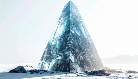 A mysterious crystalline pyramid stands silent and monumental in a vast, frozen landscape. This futuristic monolith, with its intricate glass-like surface, hints at an advanced, unknown civilization, a silent testament to forgotten technology and otherworldly power discovered in the arctic solitude.の素材