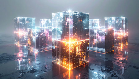 A network of luminous glass cubes pulsates with energy, each containing a complex digital city of light. At the center, a powerful core glows with orange intensity, representing the processing heart of a vast, interconnected data system. This abstract visualization captures the essence of blockchain technology, artificial intelligence, and the future of information.の素材
