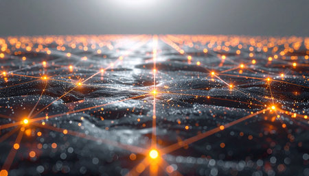 A vast digital ocean pulses with energy as a network of glowing data points streams across its surface. This represents the constant, powerful flow of information in our interconnected world, moving towards a bright, innovative future.の素材