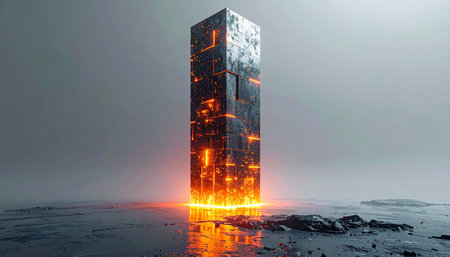 On a distant, fog-shrouded world, a colossal server tower pulses with fiery energy. This alien artifact, a central data core, reflects its powerful light on the wet ground, hinting at the vast intelligence stored within.の素材