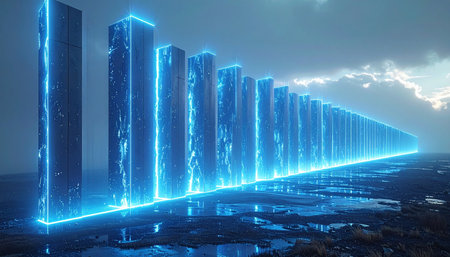 In a surreal, storm-swept landscape, towering monoliths pulse with vibrant blue energy, stretching into an infinite horizon. This powerful visual represents the frontier of digital innovation, symbolizing the immense power of data centers, blockchain security, and the vast, interconnected network of the future.の素材