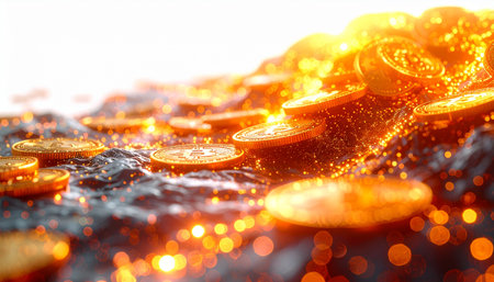 In a digital landscape, a vast treasure of golden cryptocurrency coins glimmers under a brilliant sun. This image represents the immense value, potential, and discovery within the world of blockchain technology, finance, and digital investment.の素材