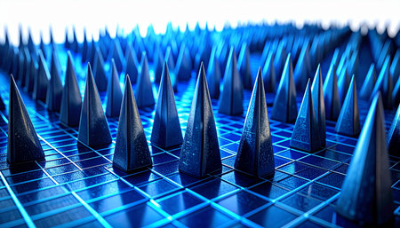 A macro view of a futuristic surface covered in sharp, metallic spikes, glowing with an intense blue light. This abstract grid represents concepts of digital security, advanced defense systems, or the inherent risks and dangers within a complex technological network.の素材