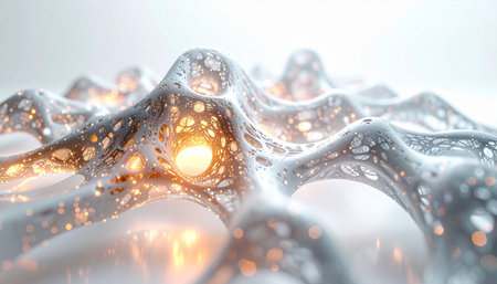 A microscopic view into a futuristic biological network, where luminous energy cores pulse with life and information. This abstract visualization represents a breakthrough in biotechnology, science, and the intricate connections that power advanced systems.の素材