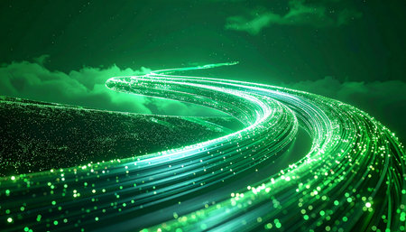 A torrent of green and cyan light, representing a massive flow of digital information, rushes through a virtual cloud. This dynamic visual symbolizes the incredible speed and connectivity of modern fiber optic networks, big data processing, and the ceaseless pulse of the global internet.の素材