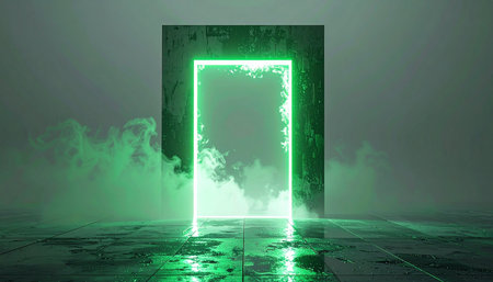 A glowing green neon portal hums with energy in a dark, cavernous room. Swirling smoke billows from the mysterious doorway, reflecting on the wet ground and inviting the viewer to step into an unknown dimension. This image represents a gateway to the future, new opportunities, or a journey into the surreal.の素材
