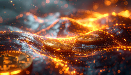 A vibrant stream of luminous orange and blue particles flows across a dynamic digital landscape. This abstract visualization represents the constant movement of data, the flow of energy, or the complex connections within a futuristic network, evoking a sense of innovation and technological advancement.の素材