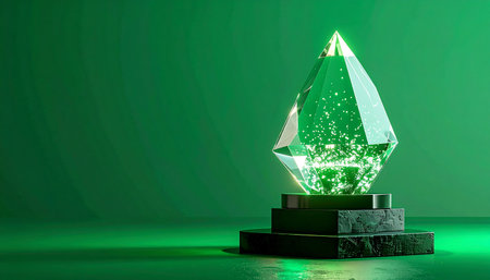 A magnificent, faceted crystal glows with an intense inner green light, resting upon a dark stone pedestal. This rare artifact emanates an aura of power and mystery, a symbol of immense value, magical energy, or a prestigious achievement.の素材