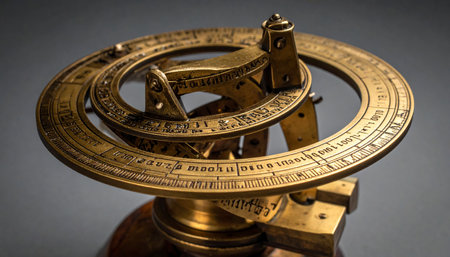 An intricate brass astrolabe, a masterpiece of historical engineering, rests against a dark background. Its detailed engravings and complex rings evoke a sense of ancient wisdom, celestial navigation, and the timeless human quest for knowledge and exploration.の素材