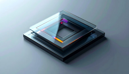 A sleek, isometric view of a next-generation data core, where layers of glass and metal protect a glowing, powerful processor. This conceptual image represents the future of information technology, innovation, and the silent, complex power of advanced computing.の素材