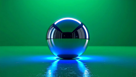 A perfectly polished blue metallic sphere rests on a reflective surface, illuminated from below by an intense azure glow. Set against a vibrant green backdrop, this minimalist composition evokes a sense of advanced technology, mysterious energy, and future possibilities.の素材