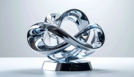 An elegant, abstract glass sculpture with intertwined loops forming an infinity symbol, presented as a prestigious award. Set against a clean white background, it symbolizes endless achievement, innovation, and corporate excellence.の素材