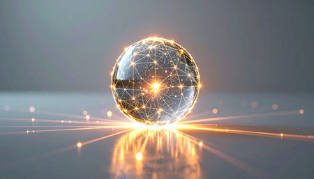 A luminous sphere pulsates with energy, its core a complex web of interconnected data points. Beams of light radiate outwards, symbolizing the rapid flow of information and the birth of a new technological era. This is the heart of global innovation, a nexus of artificial intelligence and boundless potential.の素材