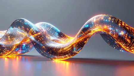 A vibrant stream of digital information flows through a crystalline helix, representing the high-speed transmission of data and the energy of technological innovation. This abstract visual captures the essence of future networks, connectivity, and the dynamic pulse of the digital age.の素材