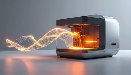 A glimpse into the future of manufacturing where a state-of-the-art 3D printer materializes a physical object from a stream of glowing digital data. This conceptual image represents the seamless transformation of ideas into reality, symbolizing innovation and rapid prototyping.の素材