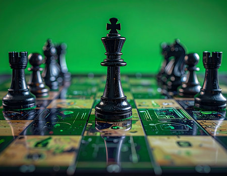 The black king stands resolute on a futuristic chessboard, its surface a complex digital circuit board. This image symbolizes the intersection of classic strategy and modern artificial intelligence, representing concepts like cyber warfare, digital leadership, and the intellectual challenges of the technological age.の素材