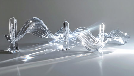Streams of pure, white light, representing data and energy, flow seamlessly through a series of clear crystals. This abstract visual symbolizes the clarity of communication, the speed of modern technology, and the harmonious transfer of information in a clean, futuristic network.の素材
