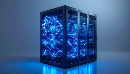 Inside a state-of-the-art server cabinet, a glowing blue neural network pulses with energy, processing vast amounts of big data. This image represents the core of modern innovation, from artificial intelligence and machine learning to the secure backbone of the digital world, symbolizing the future of technology and global connectivity.の素材