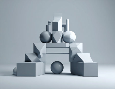 A complex assembly of minimalist 3D geometric shapes stands in perfect balance. This monochrome composition represents concepts of order, innovation, and the foundational structures of technology and modern business.の素材