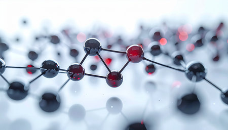 A complex network of atoms forms an intricate lattice, with key red nodes highlighting critical connections. This abstract 3D rendering visualizes concepts of scientific research, data communication, and technological innovation against a clean, bright background.の素材