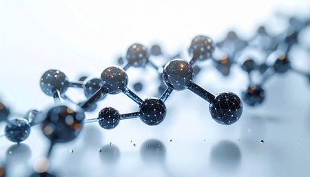 A detailed 3D rendering captures the intricate connections of a complex molecular structure, floating against a bright, clean background. The shallow depth of field emphasizes the complexity and interconnectedness, symbolizing scientific research, technological innovation, and the fundamental building blocks of matter.の素材