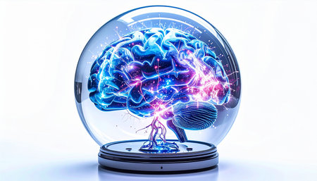 A powerful human brain, glowing with electric blue and pink energy, is encased within a crystal sphere. This futuristic concept visualizes the intersection of artificial intelligence, neuroscience, and predictive power, symbolizing innovation, consciousness, and the limitless potential of the mind.の素材