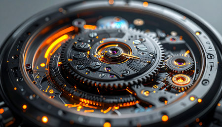 A macro view into the heart of a sophisticated timepiece, where glowing gears and intricate cogs work in perfect harmony. This image captures the fusion of traditional craftsmanship and futuristic technology, symbolizing precision, innovation, and the relentless passage of time.の素材
