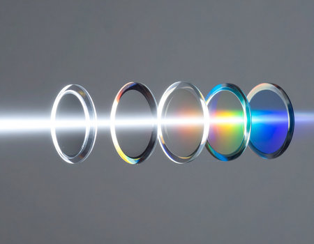 A brilliant beam of pure white light travels through a series of precision-engineered optical lenses. As it passes, the light is refracted and dispersed, revealing a vibrant spectrum of colors. This image represents concepts of scientific discovery, technological innovation, and the clarity of future vision.の素材