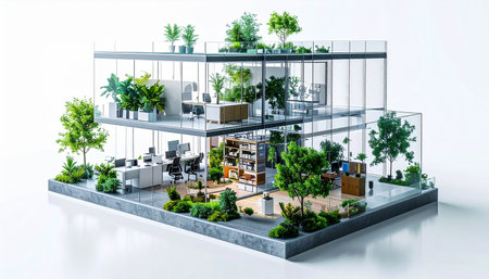A miniature model of a futuristic office showcases the principles of biophilic design. Lush greenery and natural elements are integrated into a modern, open-plan workspace, creating a healthy, productive, and sustainable environment for the future of work.の素材