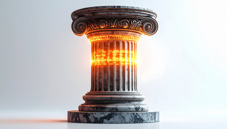 The enduring strength of a classical marble pillar is reimagined, containing a vibrant, fiery core of pure energy. This visual metaphor speaks to foundational power, hidden potential, and the intense, internal force that drives innovation, progress, and legacy.の素材