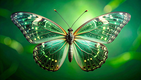 A stunning fusion of nature and technology, this emerald butterfly showcases intricate circuit board patterns on its glowing wings. It represents a new era of bio-innovation, digital transformation, and the beautiful harmony between the organic and the artificial.の素材
