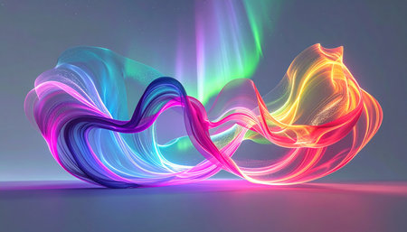 A dance of pure energy, where waves of vibrant, spectral light flow and intertwine in a mesmerizing display. This visual symphony of color and motion evokes innovation, digital transformation, and the boundless potential of creative technology.の素材