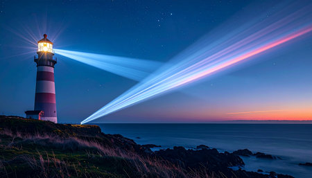 As twilight deepens into night, a steadfast lighthouse casts powerful beams of light across the calm ocean. Its unwavering glow serves as a beacon of hope and guidance, cutting through the darkness to ensure safe passage and symbolize direction and security.の素材