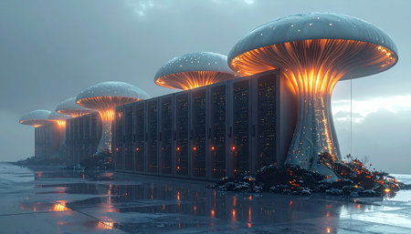 In a distant, surreal world, a massive architectural marvel harnesses the power of bioluminescence. Giant mushroom-like structures glow with an inner warmth, casting an ethereal light over the calm, misty waters, representing a harmonious blend of nature and futuristic technology.の素材