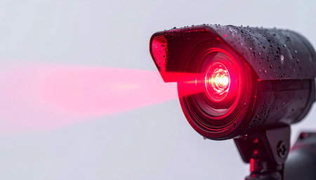 An advanced security camera stands guard, its red light cutting through the haze. A symbol of modern surveillance, it actively monitors and records, ensuring safety or raising questions about privacy in a technologically advanced world.の素材