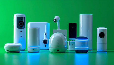 An ecosystem of modern smart home devices stands ready against a vibrant green backdrop. This collection of IoT gadgets, including security cameras and smart hubs, represents the future of home automation, offering seamless connectivity, enhanced security, and intelligent living.の素材