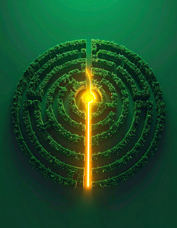 From a top-down perspective, a luminous beam of light carves a straight path through an intricate, textured green labyrinth. This powerful visual metaphor symbolizes finding clarity amidst confusion, achieving a goal with an efficient shortcut, and the power of a single breakthrough idea to solve complex challenges.の素材