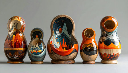 A set of five hand-painted Russian nesting dolls stands in a row, each one open to reveal its hollow interior. The intricate, artistic designs tell a story of tradition and craftsmanship, while their deconstructed state suggests themes of layers, family, and hidden depths waiting to be discovered.の素材