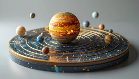 A beautifully crafted orrery displays the intricate dance of the cosmos, with Jupiter reigning at its center. This miniature solar system visualizes the complex laws of physics and celestial mechanics, inviting exploration and sparking curiosity about the vast universe beyond our world.の素材