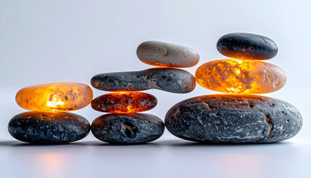 Smooth, dark stones are carefully stacked, revealing a hidden warmth and vibrant energy glowing from within. This composition symbolizes inner strength, balanced growth, and the discovery of untapped potential, creating a serene and powerful visual for concepts of wellness, strategy, and mindfulness.の素材