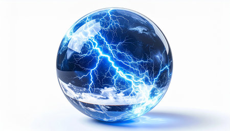 A mesmerizing crystal ball captures a powerful, crackling storm of blue lightning, isolated against a stark white background. This sphere encapsulates raw energy and futuristic power, symbolizing concepts from magical foresight to scientific innovation and clean energy.の素材