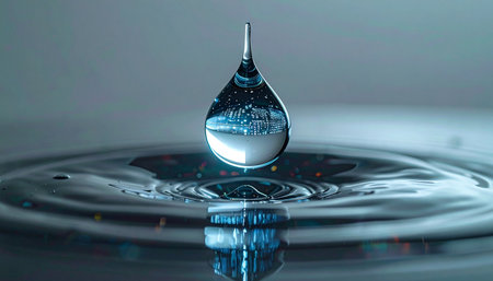 A single, perfectly formed droplet of water hangs suspended in time, a crystal sphere reflecting the world before it makes its impact. Below, concentric ripples spread outward, marking the moment of contact, a symbol of purity, clarity, and the profound effect of a single action.の素材