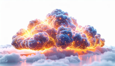 A spectacular burst of vibrant energy and colorful smoke erupts from a sea of clouds, symbolizing a moment of powerful creation, a big bang of ideas, or a dramatic breakthrough. This abstract and dynamic visual is perfect for concepts of innovation, power, and transformative change.の素材