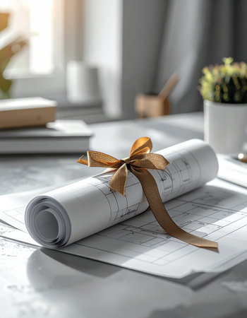 On a sunlit desk, the final architectural blueprints are carefully rolled and tied with a golden ribbon, symbolizing a major project milestone. This represents the culmination of meticulous planning and design, ready to be presented as the foundation for a new beginning or a dream home.の素材