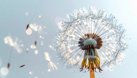 A delicate dandelion seed head releases its parachutes into the gentle breeze, symbolizing change, freedom, and the start of a new journey. Each seed carries a wish, floating away towards a hopeful future.の素材