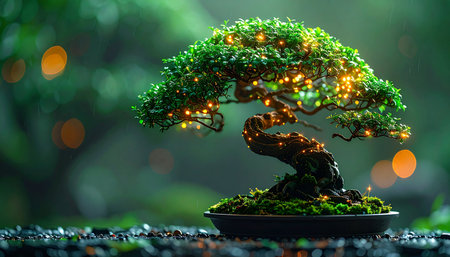 A miniature bonsai tree, meticulously shaped, comes to life with a cascade of warm, twinkling fairy lights. Set against a soft, verdant background with beautiful bokeh, this image evokes a sense of peace, magic, and quiet celebration.の素材