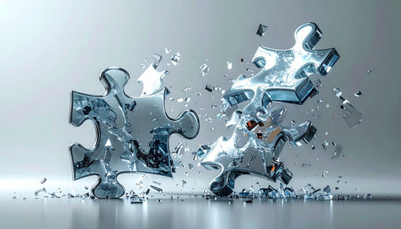 Two crystal puzzle pieces, representing a fragile connection or a delicate solution, explode upon impact. This dynamic 3D render visualizes concepts of crisis, separation, business disruption, or the powerful moment of a breakthrough.の素材